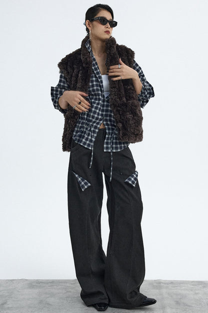 Navy Plaid Drawstring Top