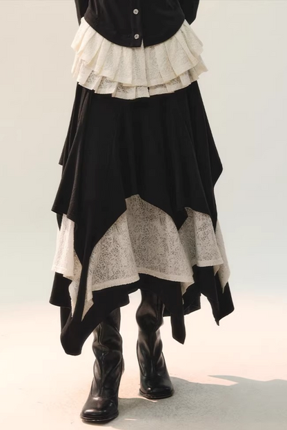 Woll-Spitze Patchwork Oberteil Rock Set