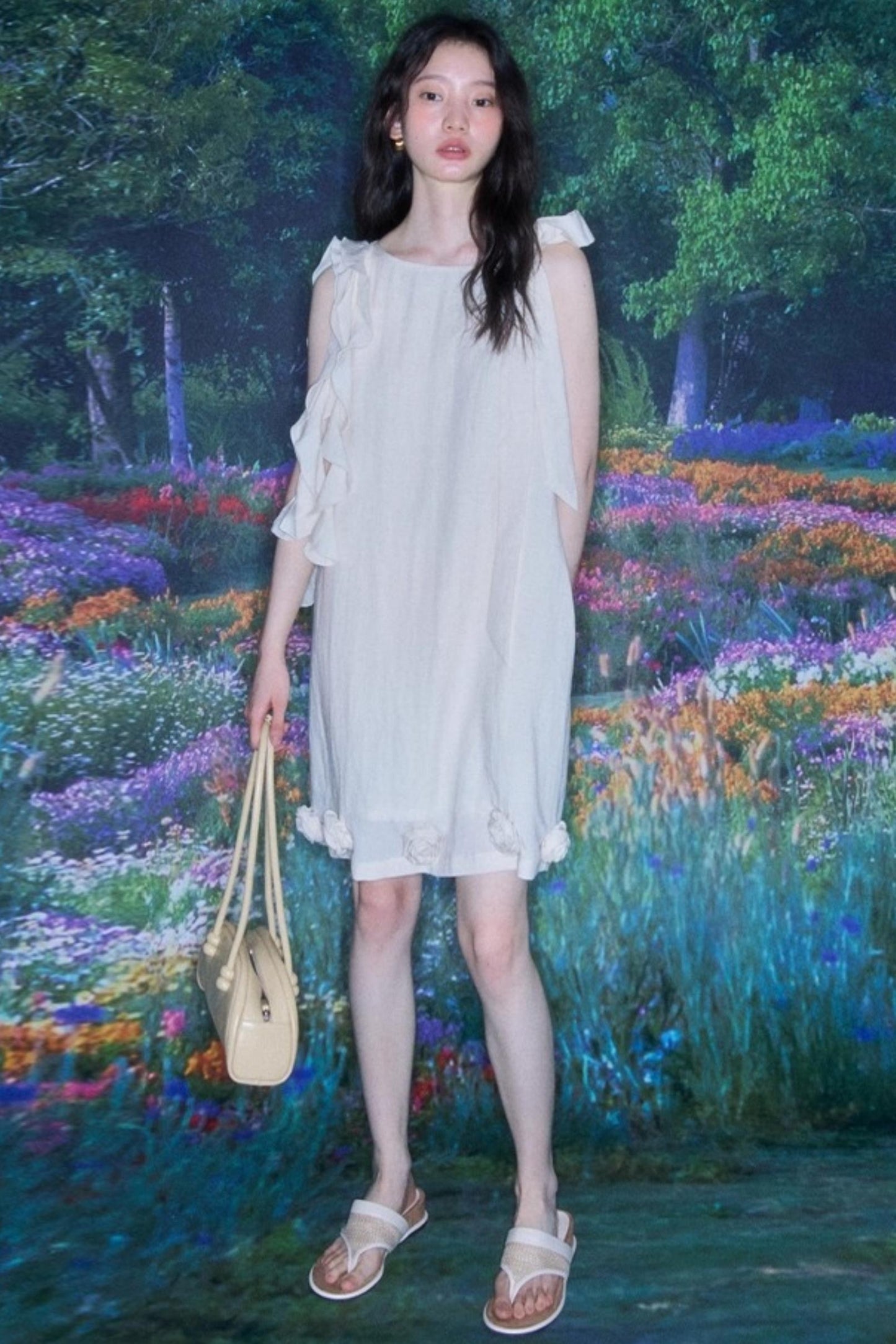 Three-Dimensional Rose Lace Linen-Blend Dress