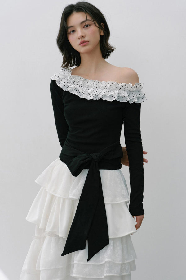 Slanted Polka Dot Long-Sleeved T-Shirt