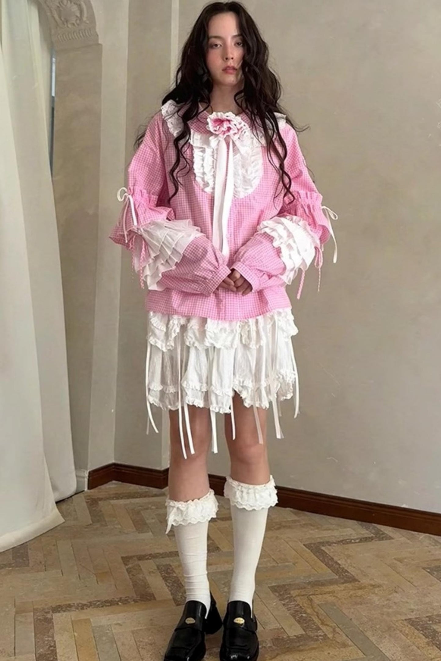 Pink-White Plaid Lace Shirt