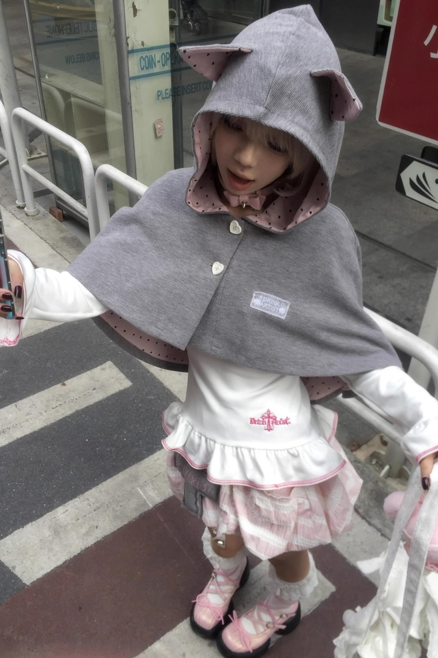 Cute Gray-Pink Cat Ears Hooded Coat