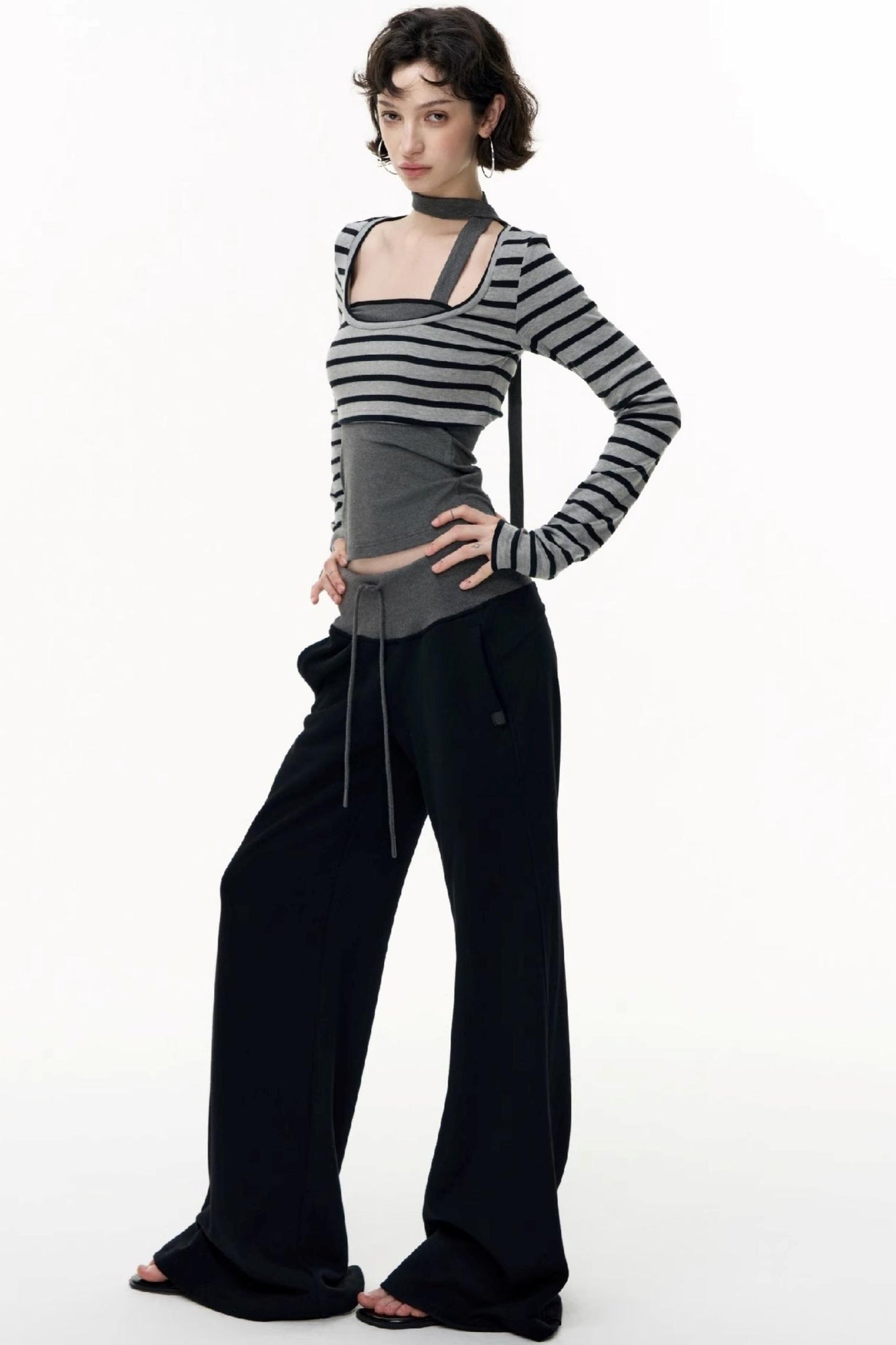 Contrast Long-Sleeved Top With Bandeau Set