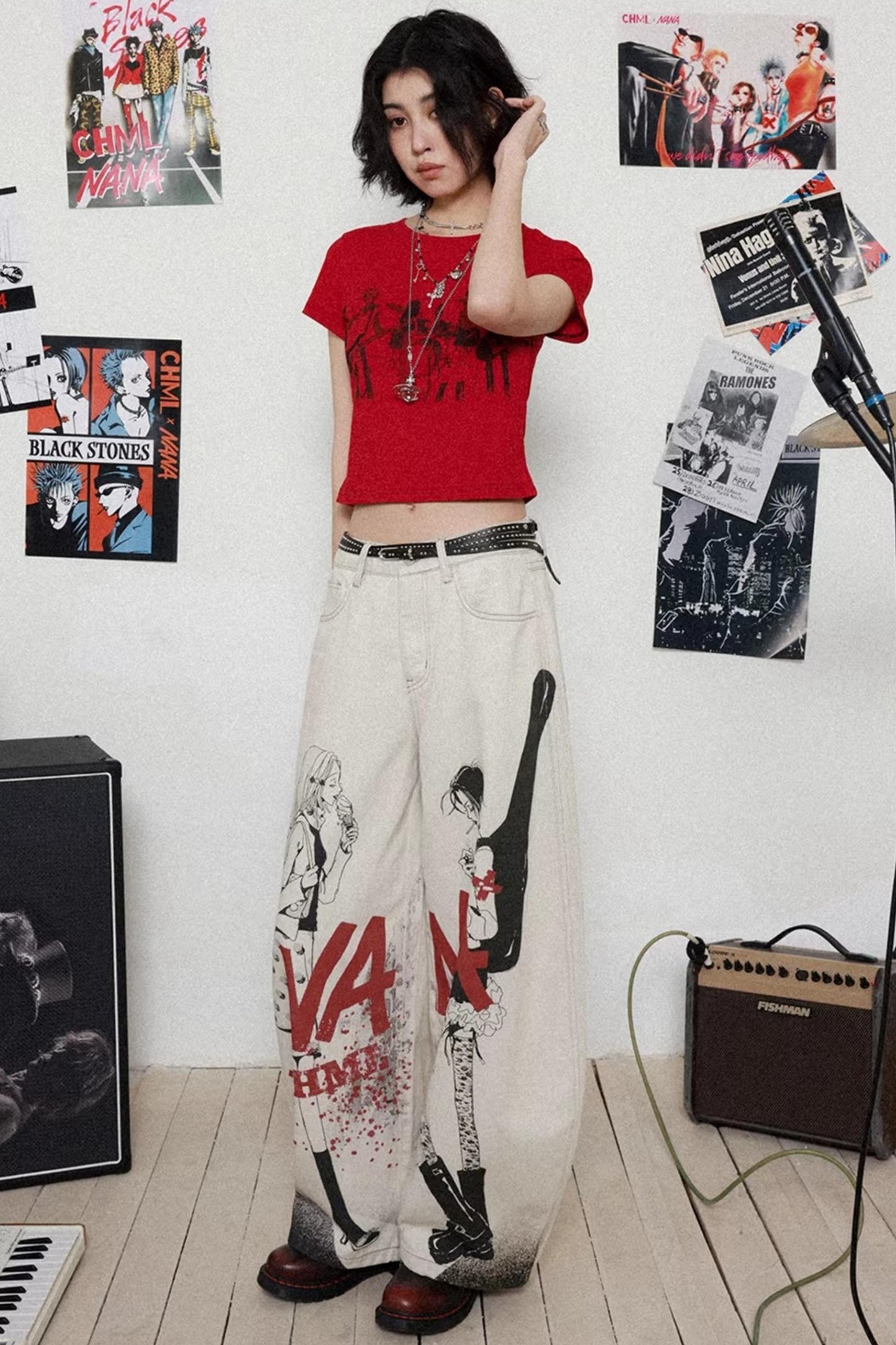 Printed Denim Scimitar Pants