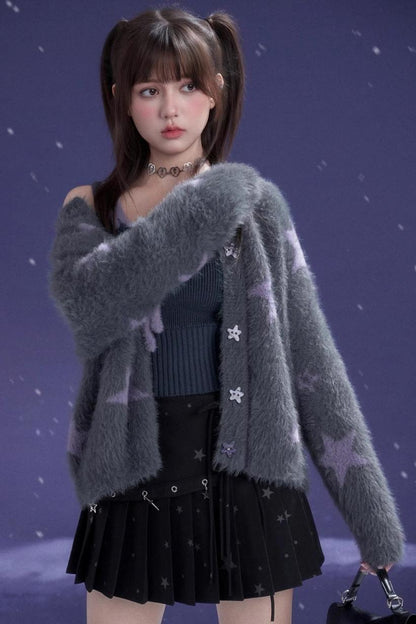Gray Purple Star Plush Jacket Set-Up