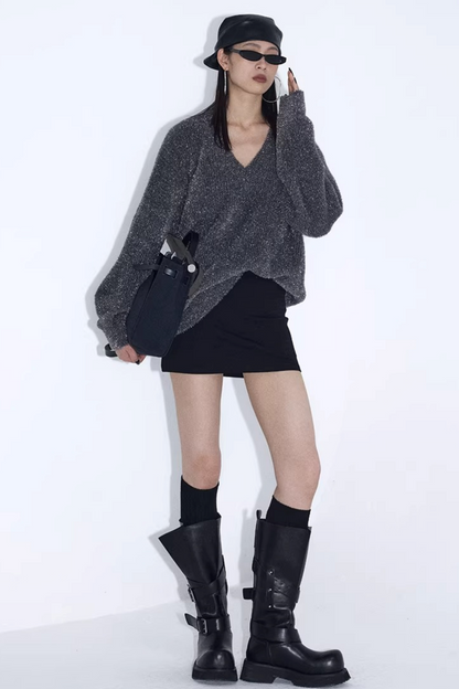Silberner Faden V-Ausschnitt Strickpullover