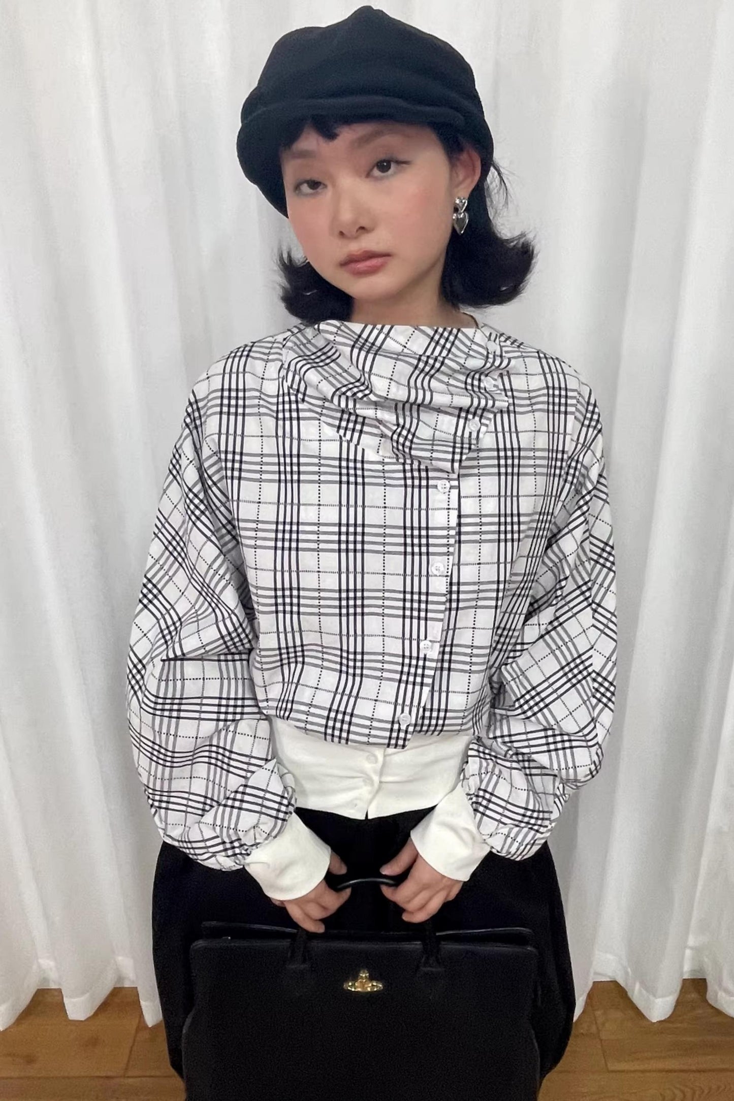 Checkered Pleated Collar Shirt