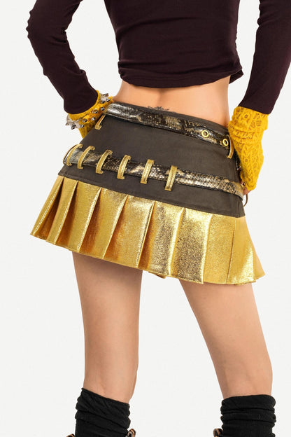 Gold Patchwork Pleated Skirt