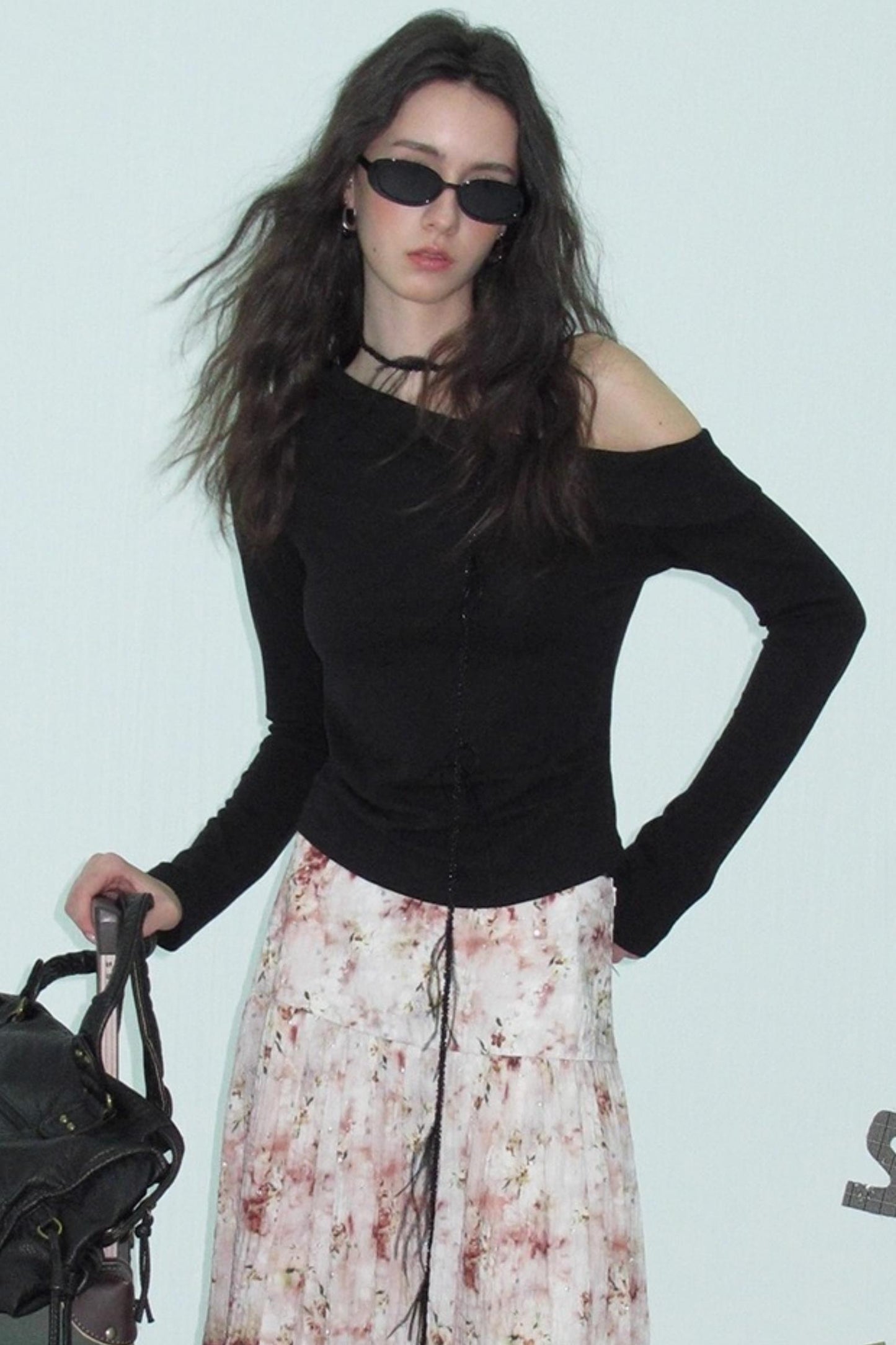 Slanted Shoulder Knit Top Skirt Set-Up