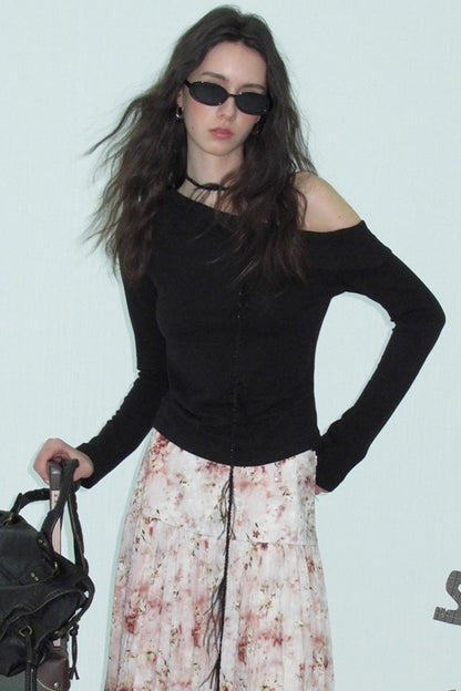 Slanted Shoulder Knit Top Skirt Set-Up