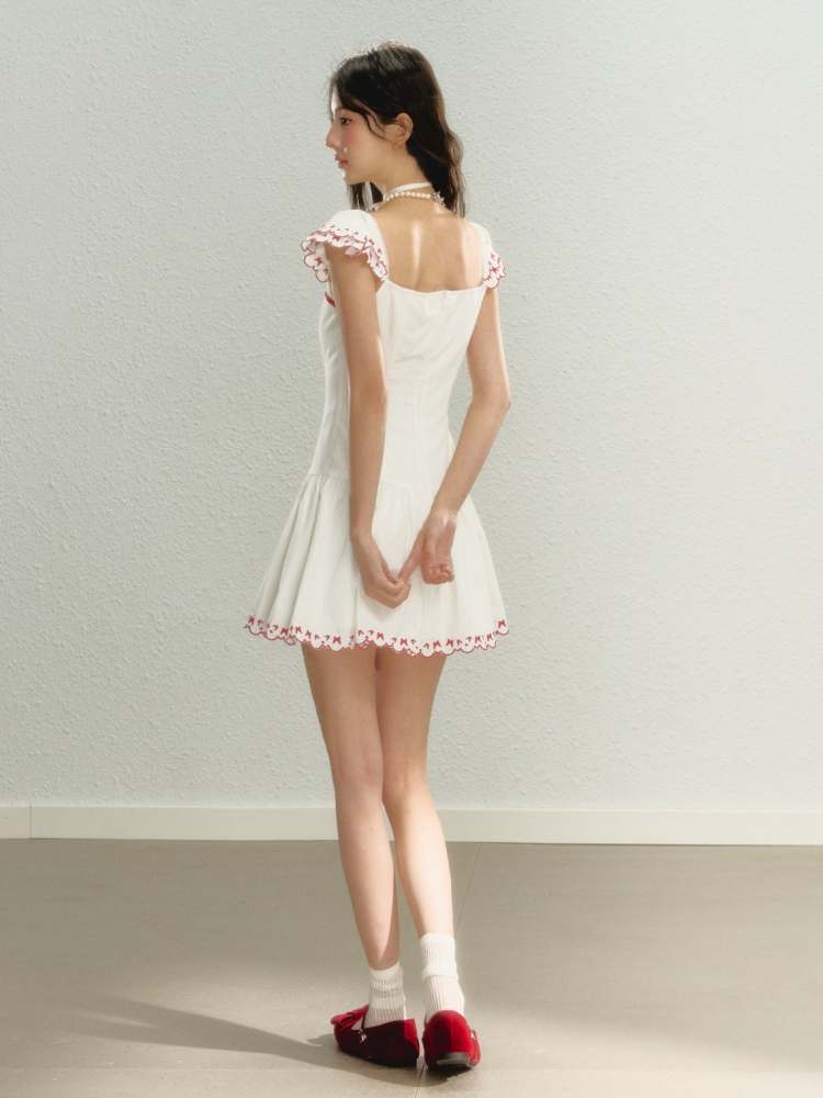 Butterfly Embroidery Square Neck Scalloped Dress