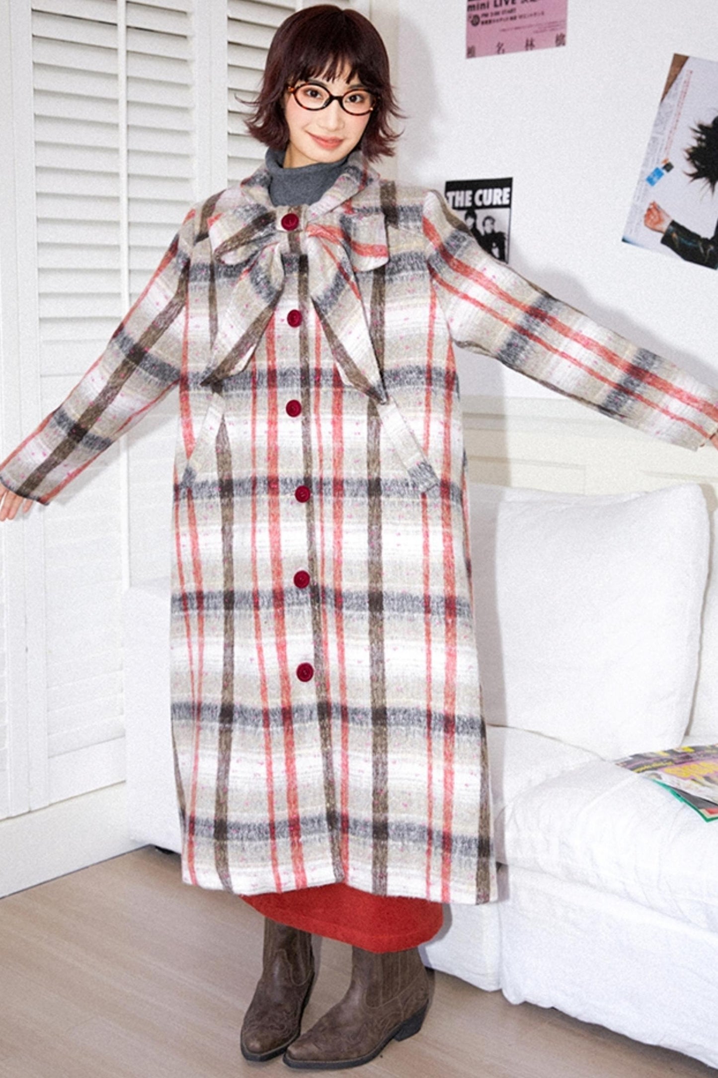 Elegant Bow Tartan Coat