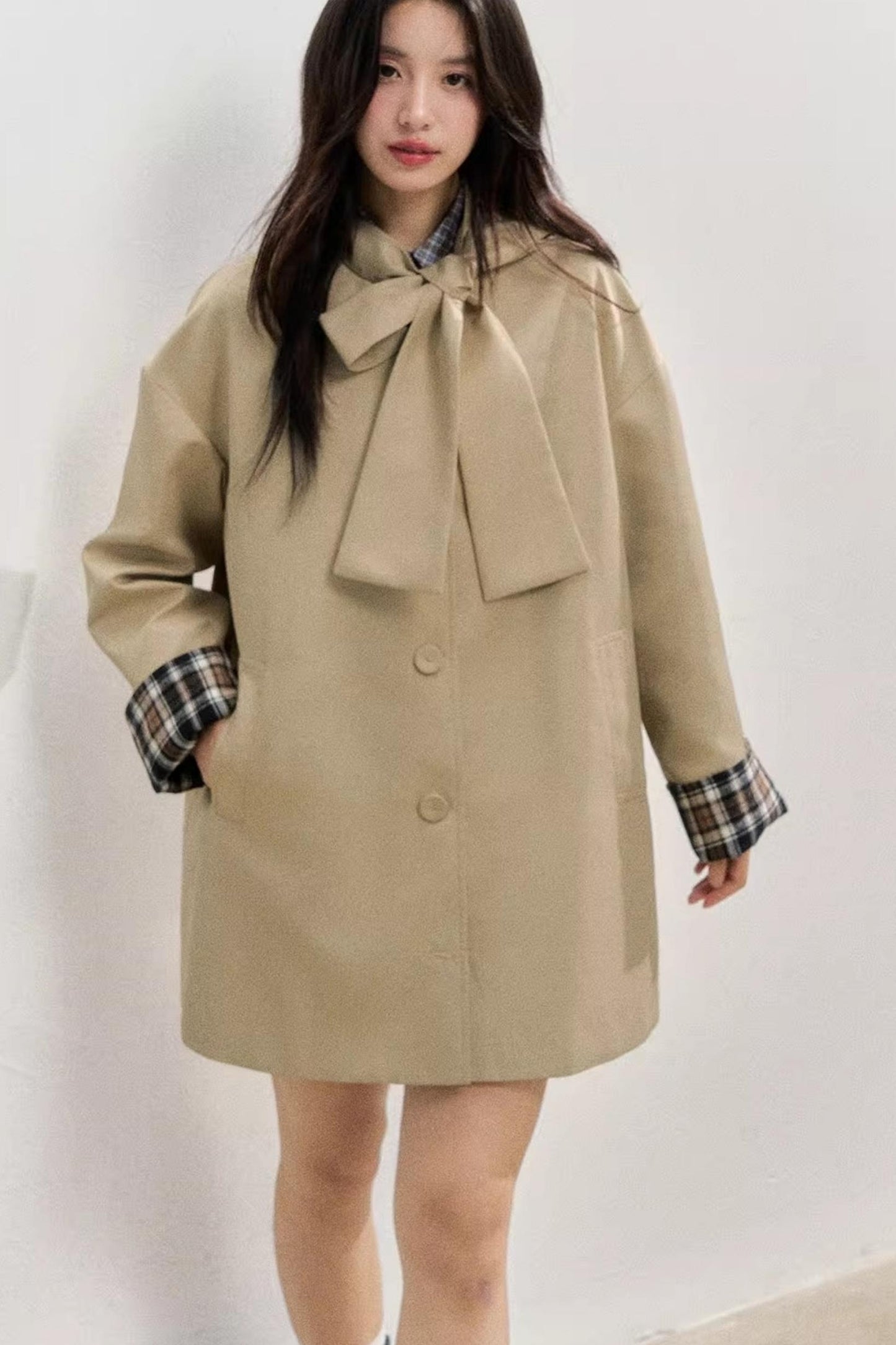 Vintage Bow Plaid Trench Coat