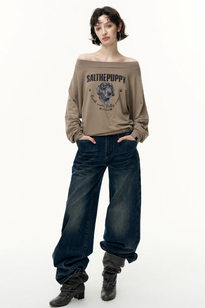 Puppy Print Slanted Shoulder T-Shirt