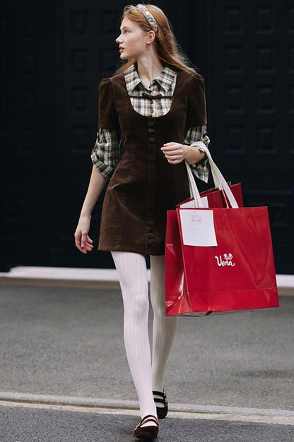 Brown Plaid Corduroy Dress