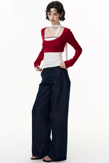 Contrast Long-Sleeved Top With Bandeau Set