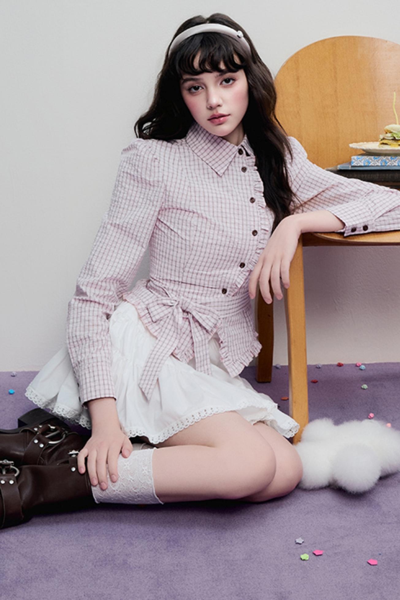 Spring Slim Plaid Ruffle Tie Shirt