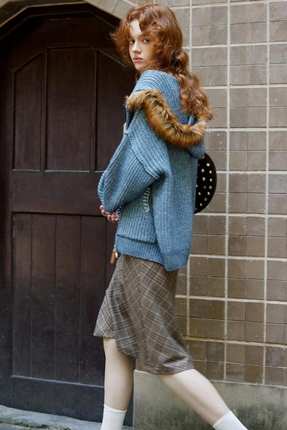 Fur Collar Cable Knit Cardigan