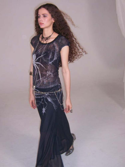 Spider Print T-Shirt & Mesh Long Skirt