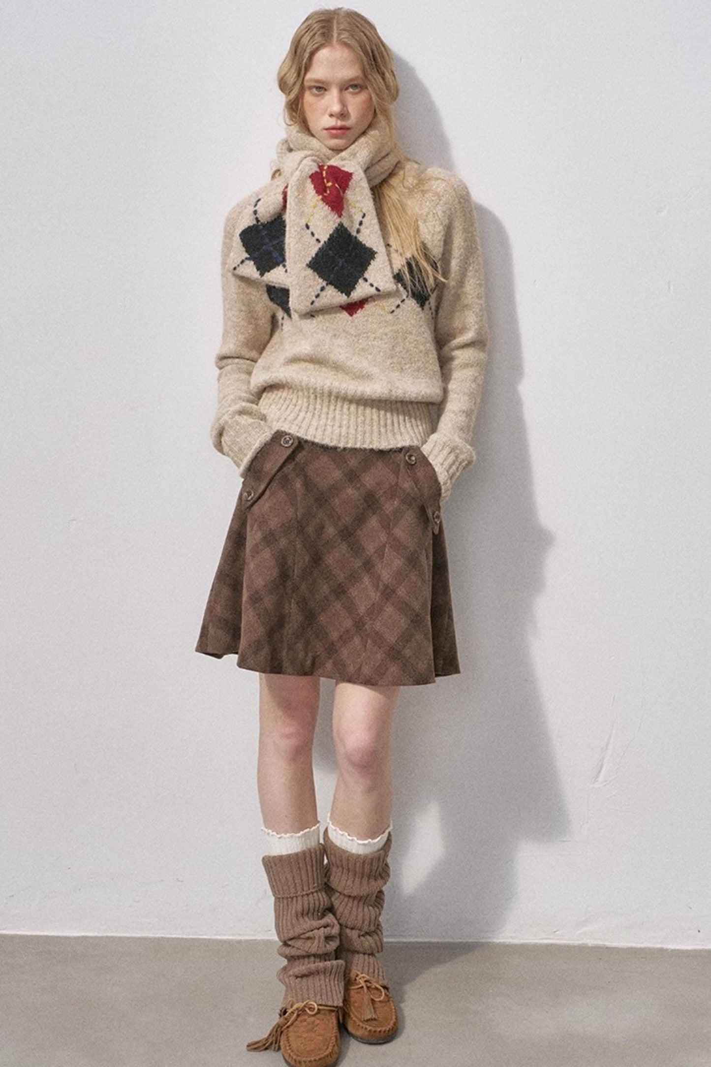 Split Wool Plaid A-Line Skirt