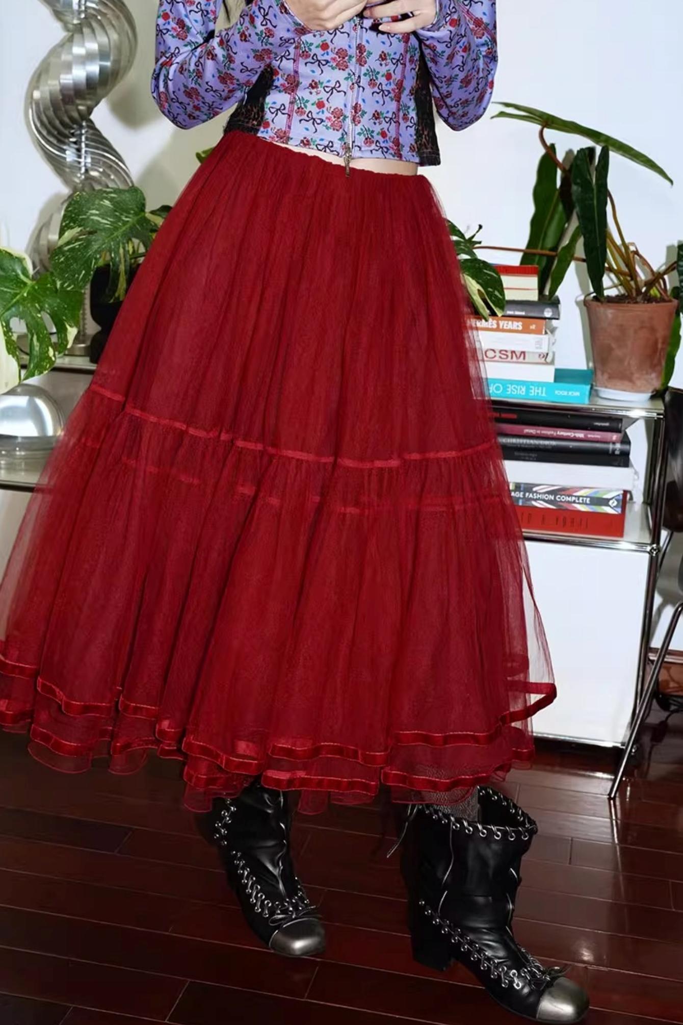 Autumn Mesh Puffy Long Skirt