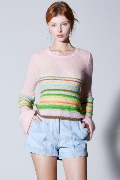 Mohair Silky Wool Rainbow Lantern Sleeve Sweater
