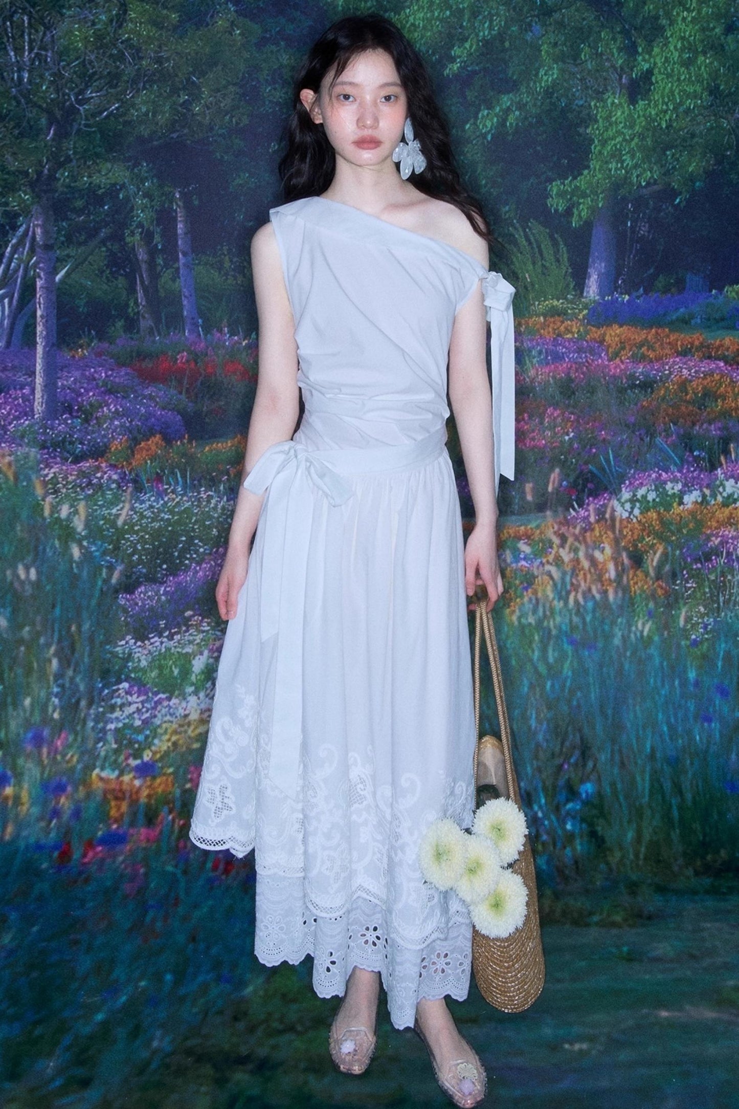 Slant Shoulder Tencel Cotton Dress