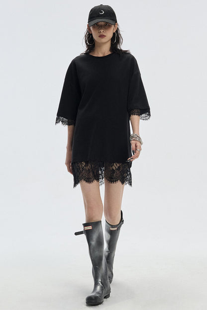 Patchwork Lace Crew Neck Long Top