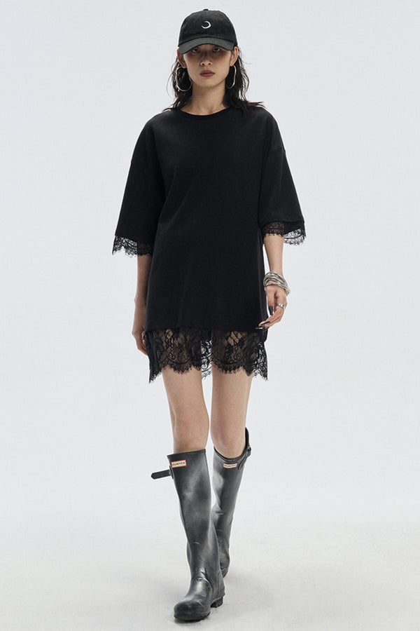 Patchwork Lace Crew Neck Long Top