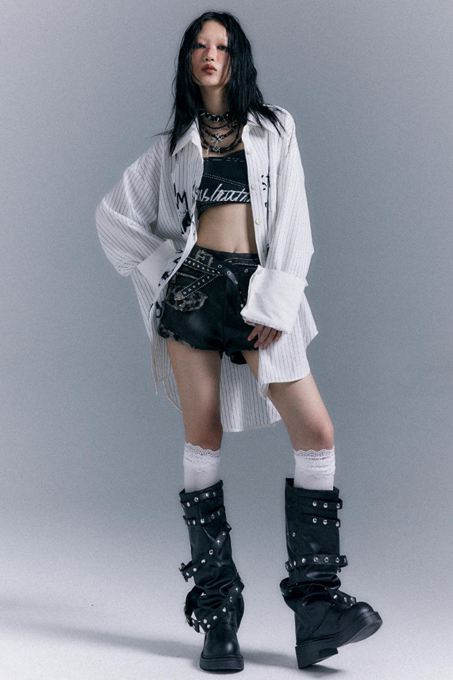 Graffiti Print Striped Long-Sleeved Shirt