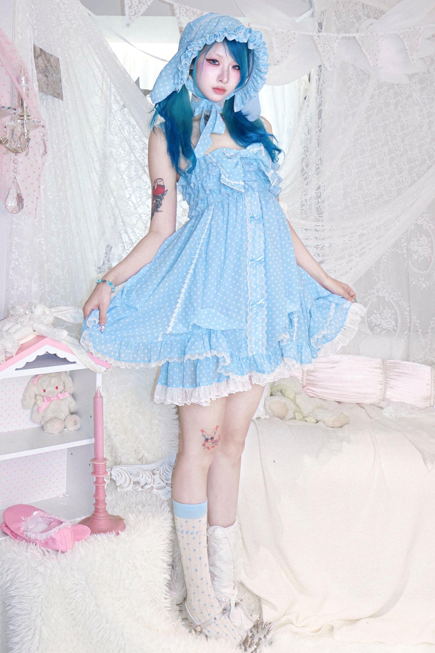 Polka Dot Chiffon Bow Dress Jacket Set-Up