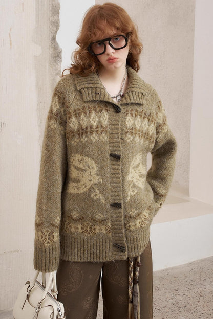 Bird Horn Buckle Loose Warm Cardigan