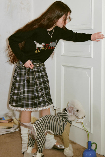 Kitten And Puppy Embroidered Wool Blend Knit Sweater