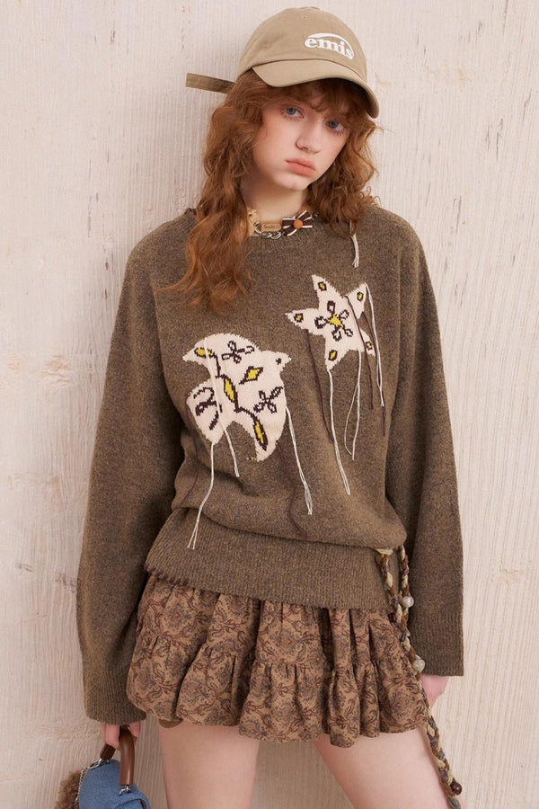 Star Fringe Long Sleeve Knit Pullover Top