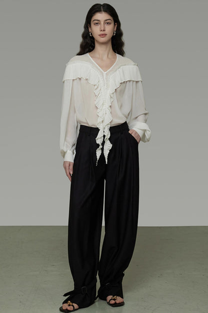 Sheer V-Neck Flutter Shirt