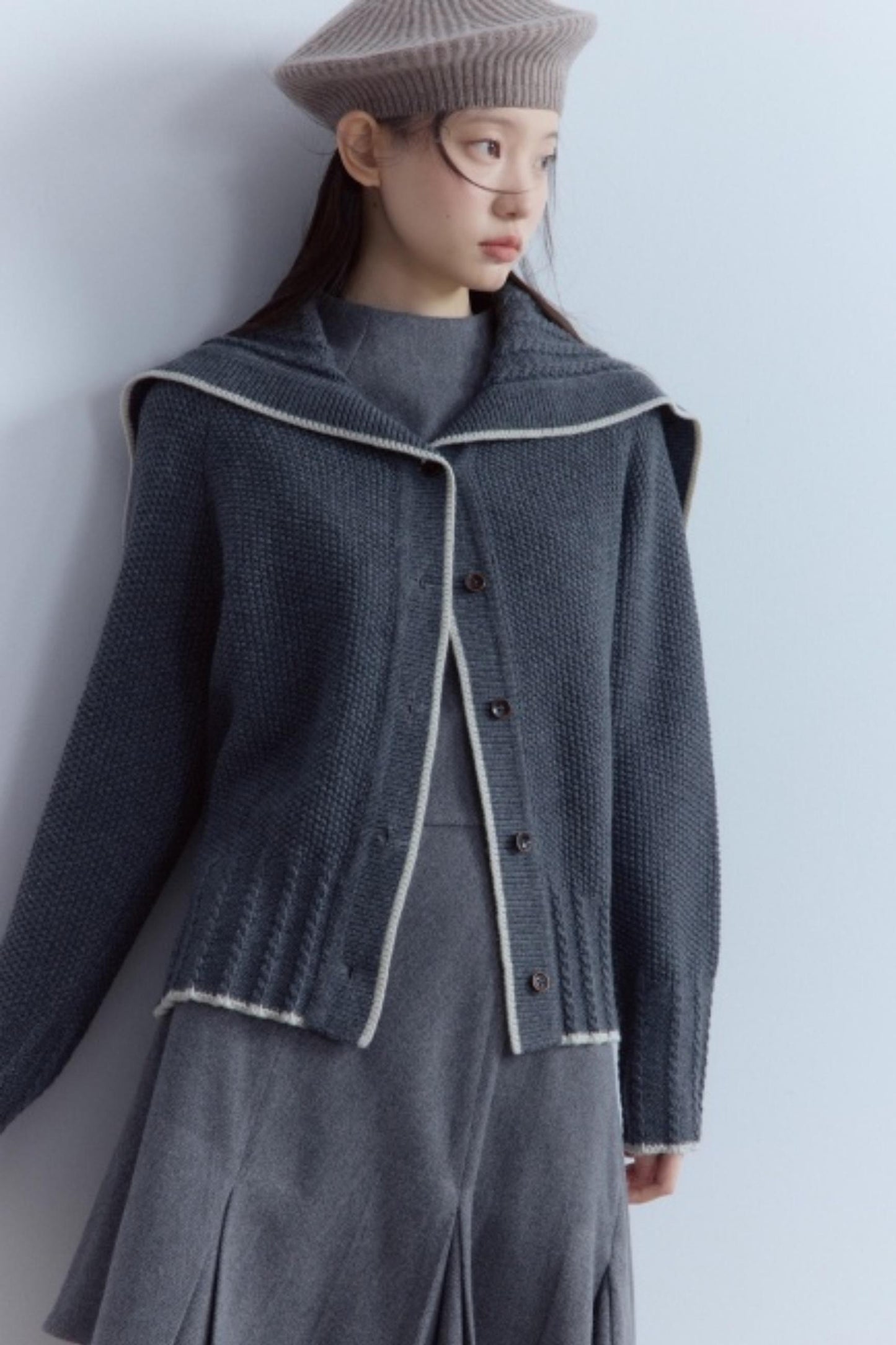 Navy Collar Twisted Rope Woolen Cardigan