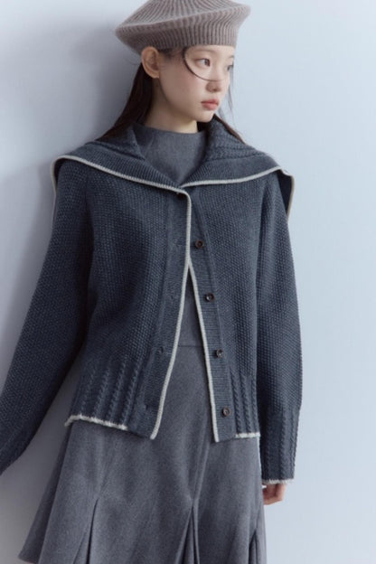 Navy Collar Twisted Rope Woolen Cardigan