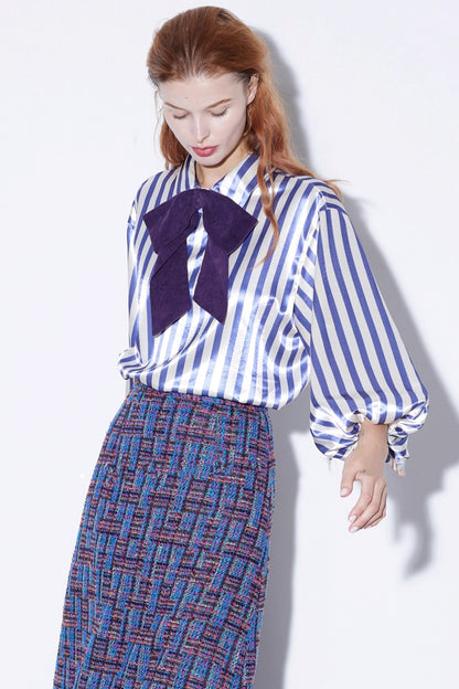 Vintage Purple Satin Lantern Sleeve Shirt