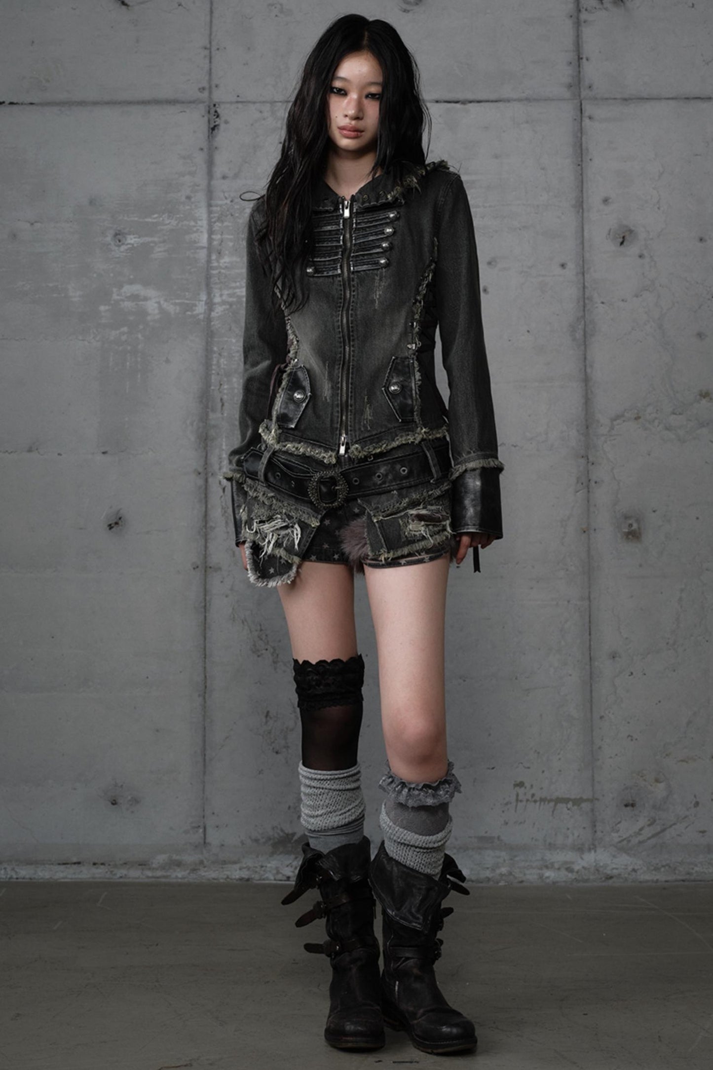 Distressed Denim Slim Fit Hooded Coat