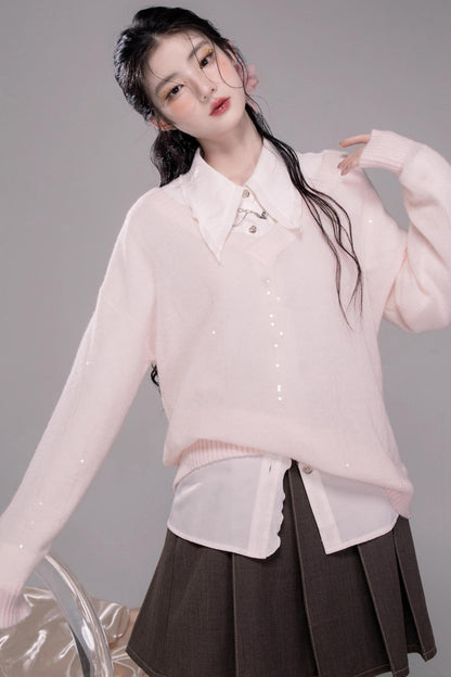 별 핑크 V넥 스웨터