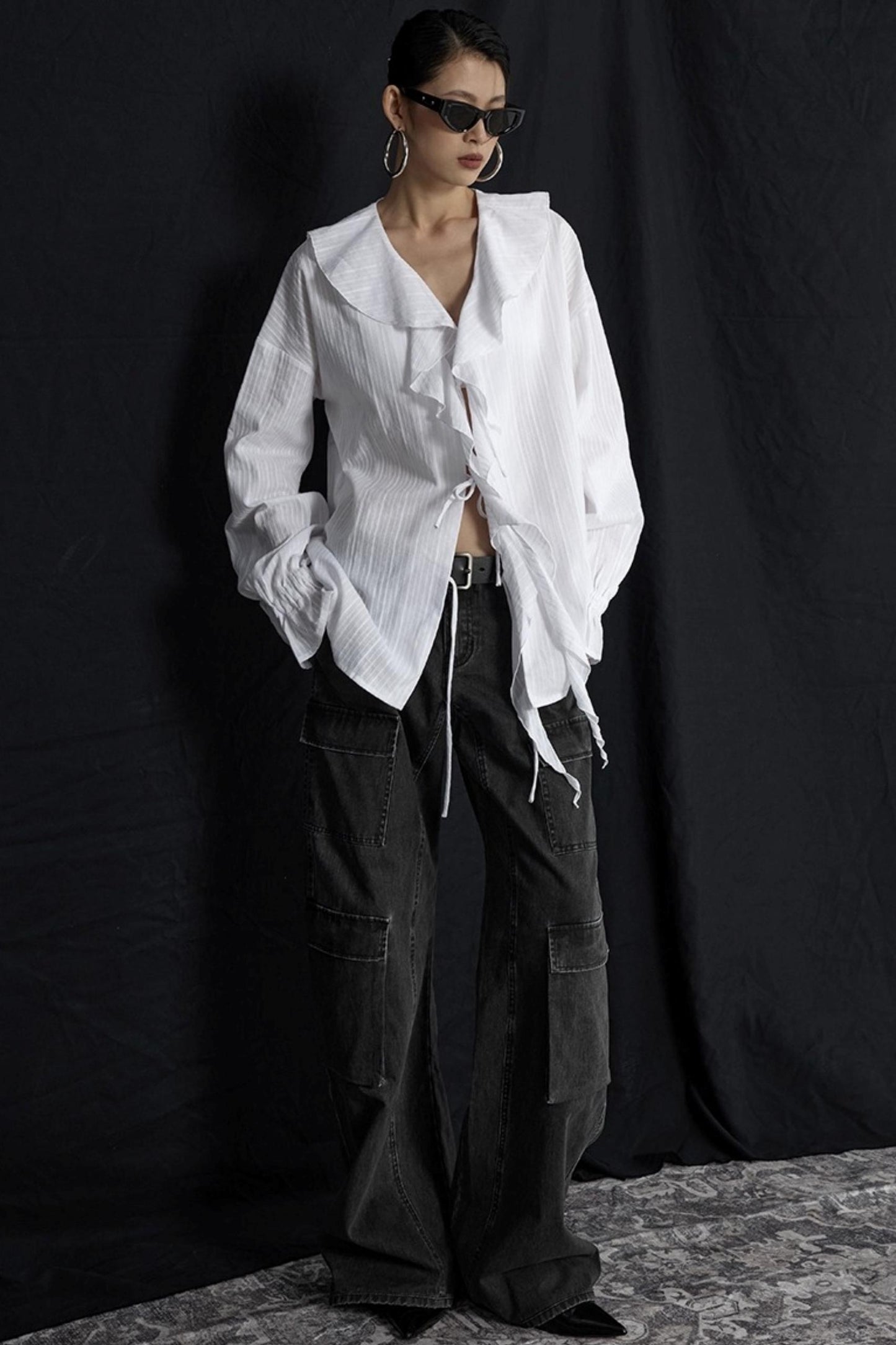 Winter White Ruffled V-Neck Shirt