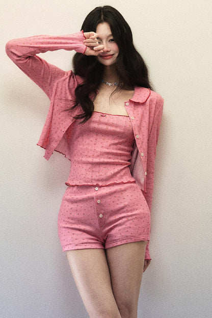 Strawberry Dream Knit Doll Collar Cardigan & Shorts Set-Up