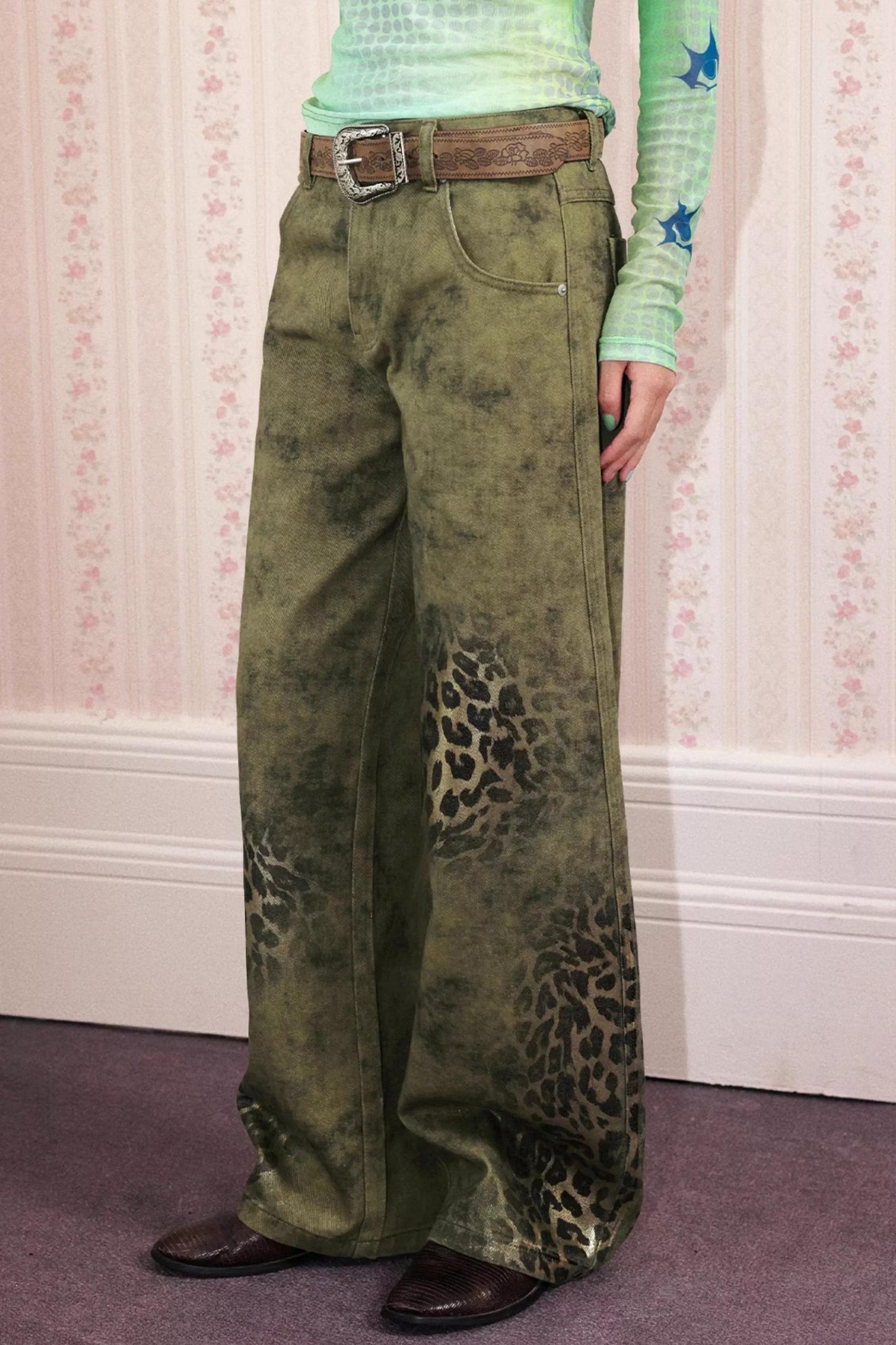 Cotton Washed Leopard Print Denim Pants