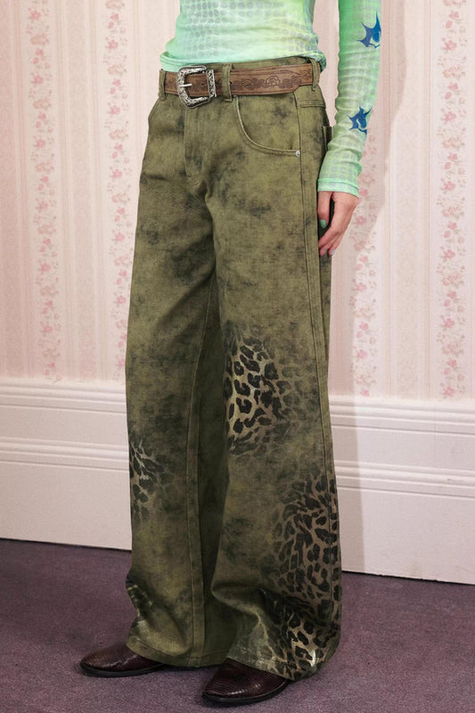 Cotton Washed Leopard Print Denim Pants