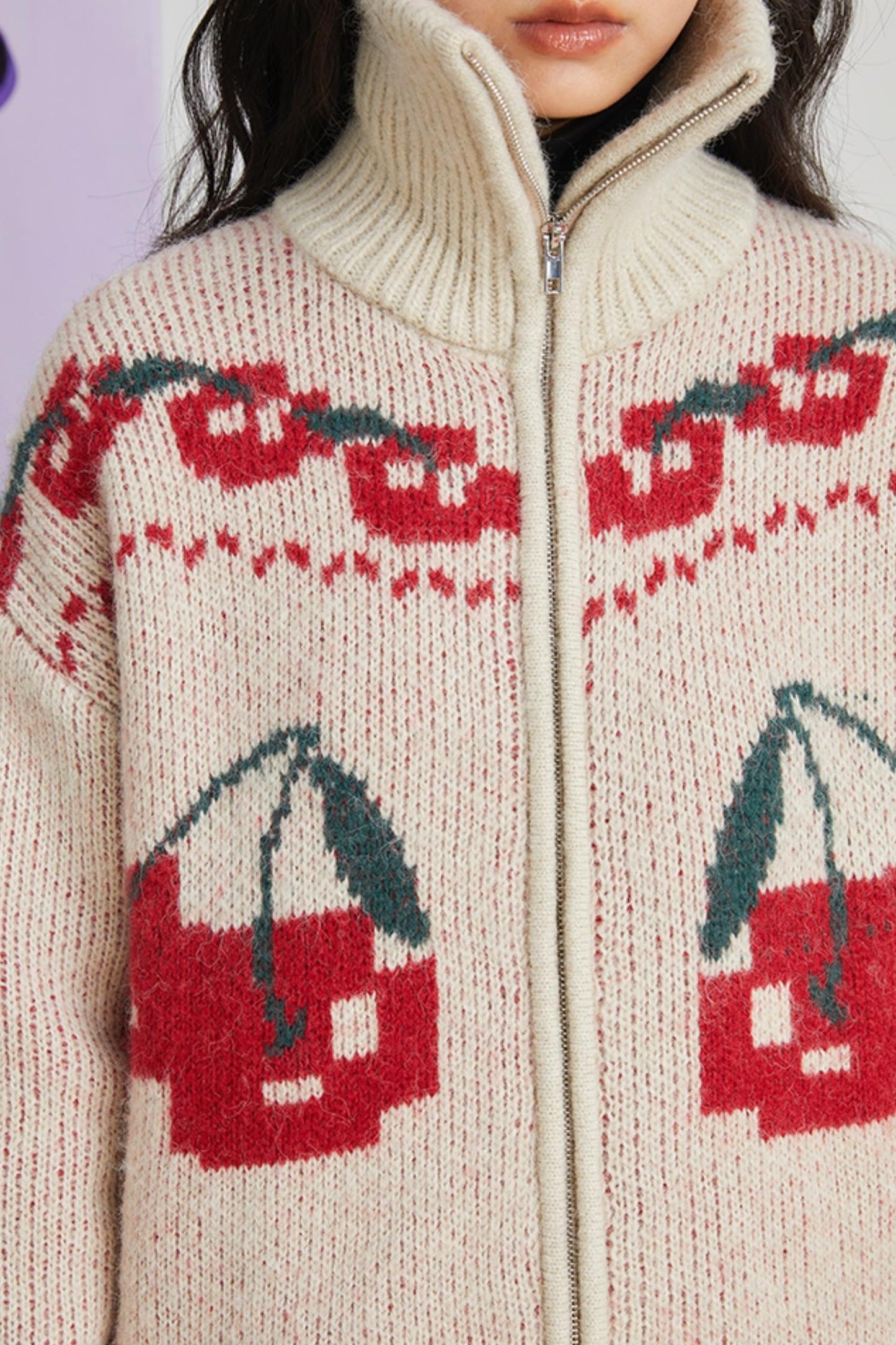 Retro Cherry Jacquard Wool Cardigan