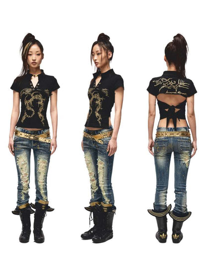 Back Open Gold Print Ribbon T-shirt