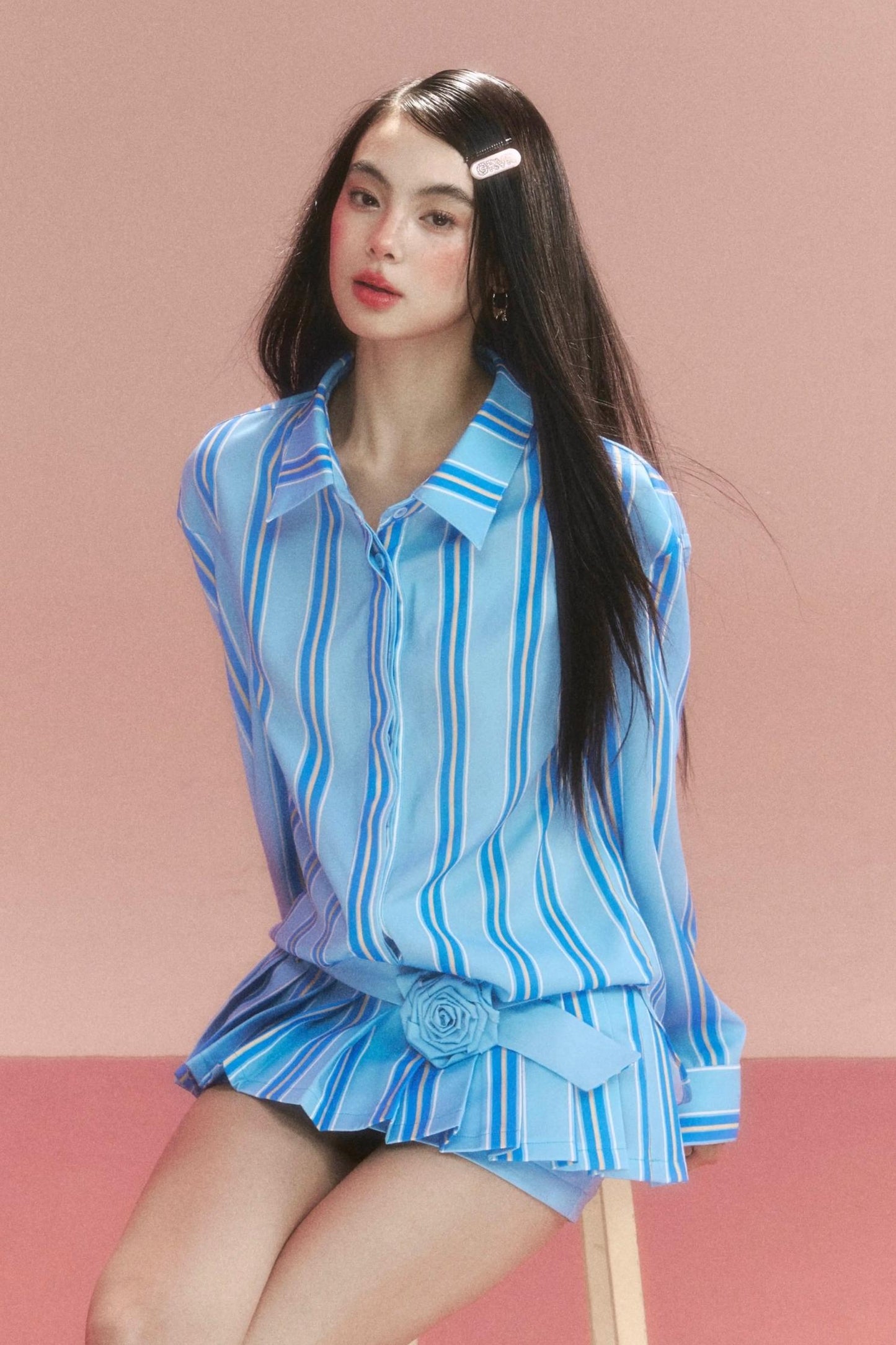 Retro Striped Shirt And Pleated Skirt Set-Up