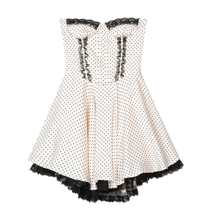 Satin Dot Lace Puff Skirt Mini Dress