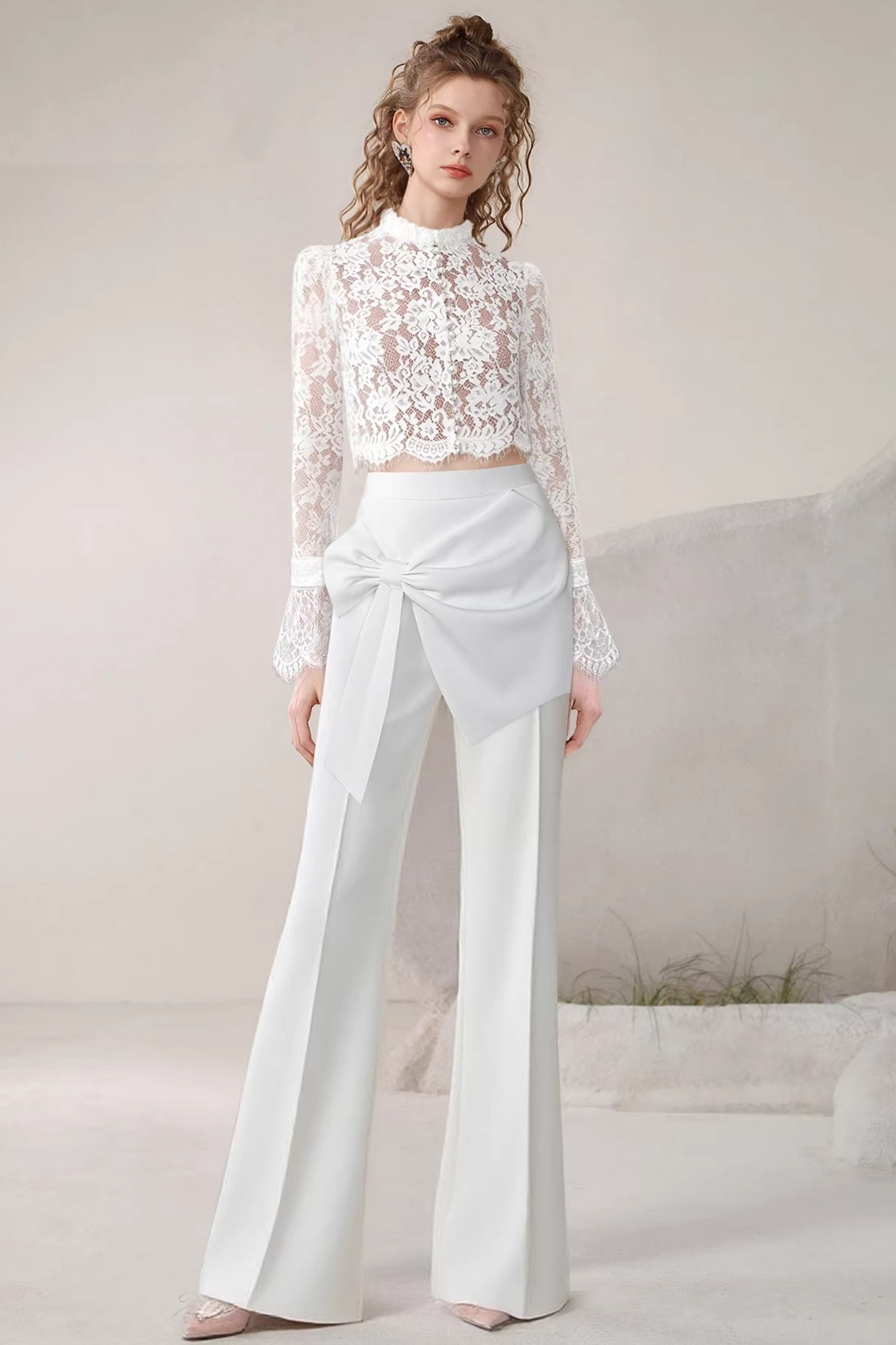 Lace Bow Tie Top and Pants Set-Up
