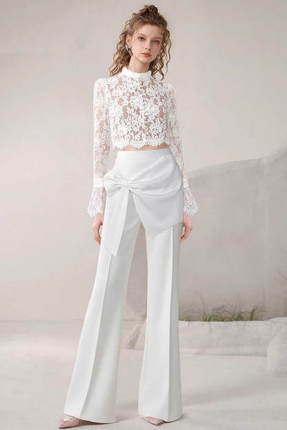 Lace Bow Tie Top and Pants Set-Up